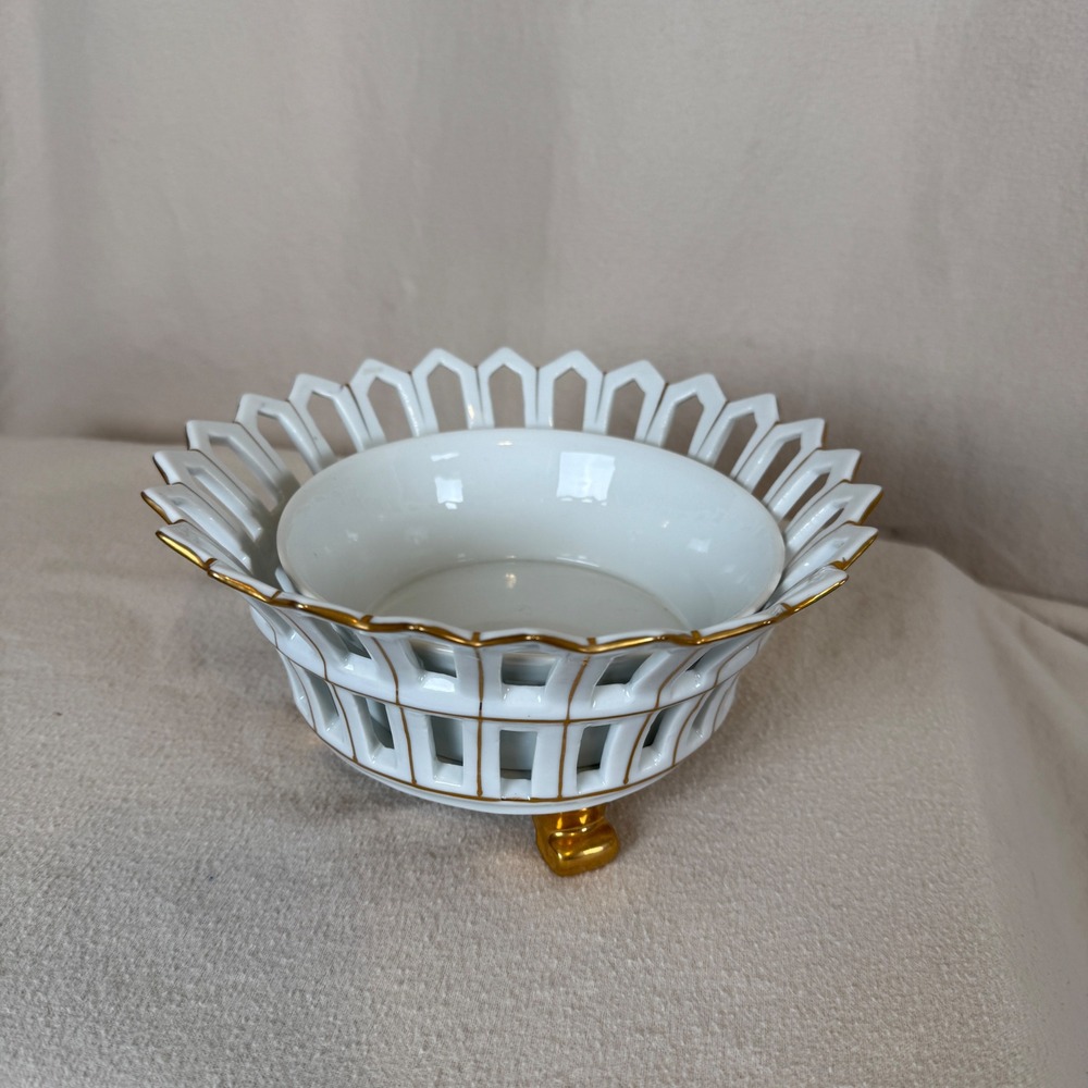 Andrea by Sadek White Gold Reticulated Footed Bowl with Liner 6704 Made in Japan